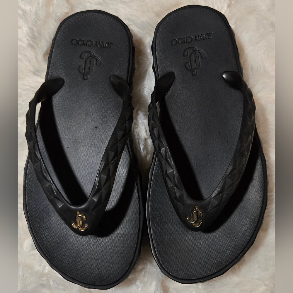 Jimmy Choo Black Platforn Slippers with Gold Detail